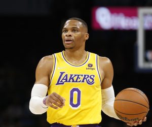 Los Angeles Lakers guard Russell Westbrook (0) during the first half of an NBA basketball game against the Oklahoma City Thunder, Wednesday, Oct. 27, 2021, in Oklahoma City. (AP Photo/Garett Fisbeck)