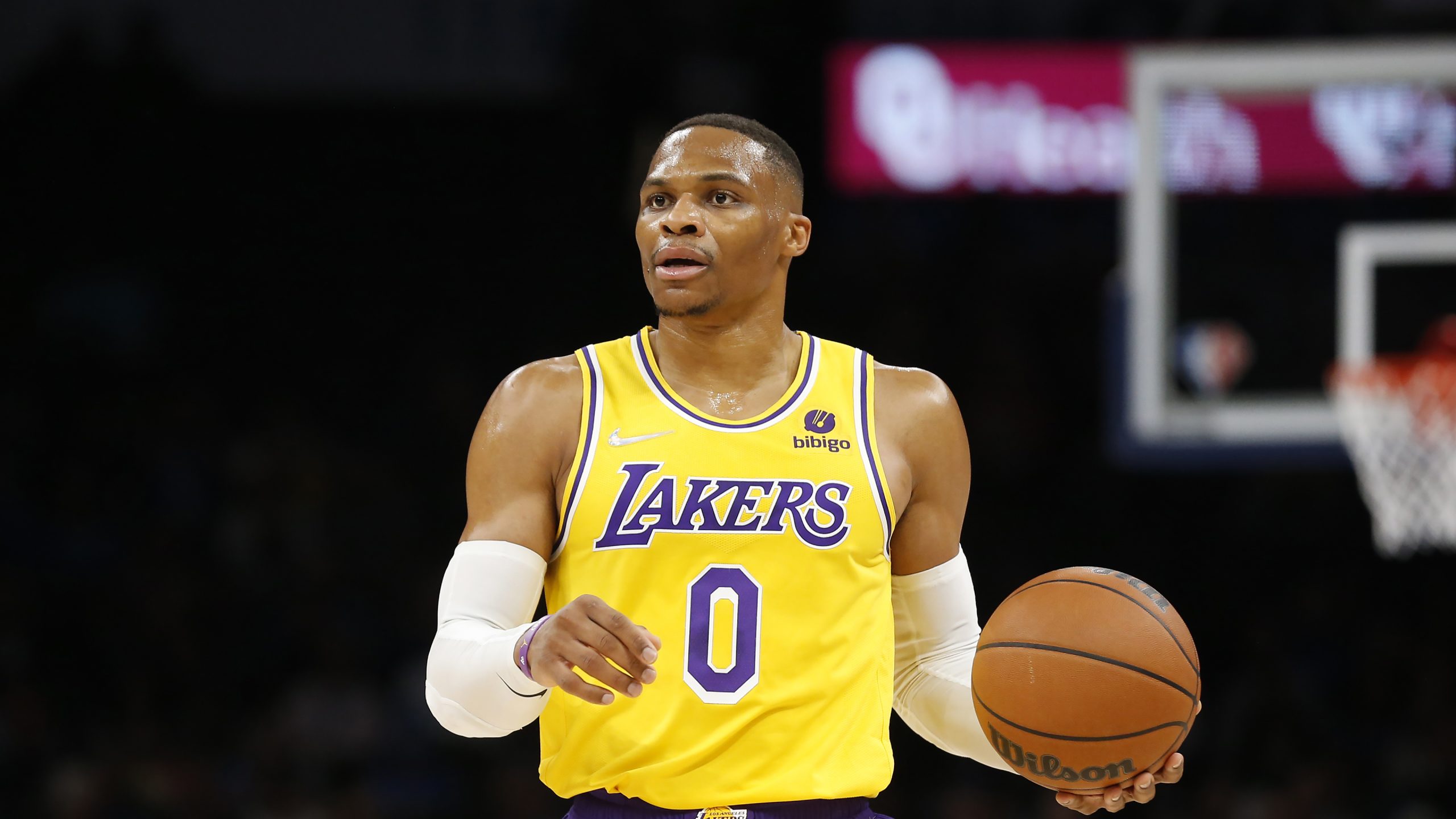 Los Angeles Lakers guard Russell Westbrook (0) during the first half of an NBA basketball game against the Oklahoma City Thunder, Wednesday, Oct. 27, 2021, in Oklahoma City. (AP Photo/Garett Fisbeck)