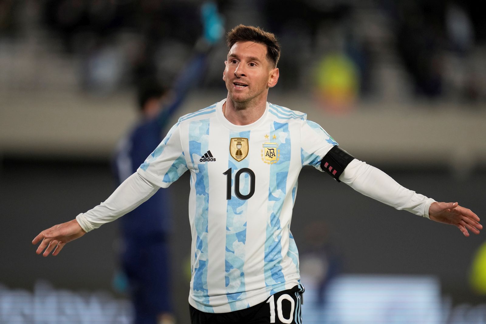 epa09458797 Argentina's Lionel Messi celebrates after scoring during the South American qualifiers for the Qatar 2022 World Cup between Argentina and Bolivia, at the Monumental Stadium in Buenos Aires, Argentina, 09 September 2021.  EPA/Natacha Pisarenko POOL