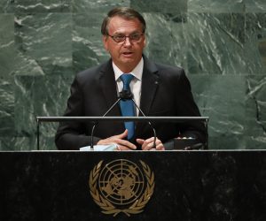 epa09479368 Brazil's President Jair Bolsonaro addresses the 76th Session of the UN General Assembly in New York City, USA, 21 September 2021.  EPA/EDUARDO MUNOZ / POOL