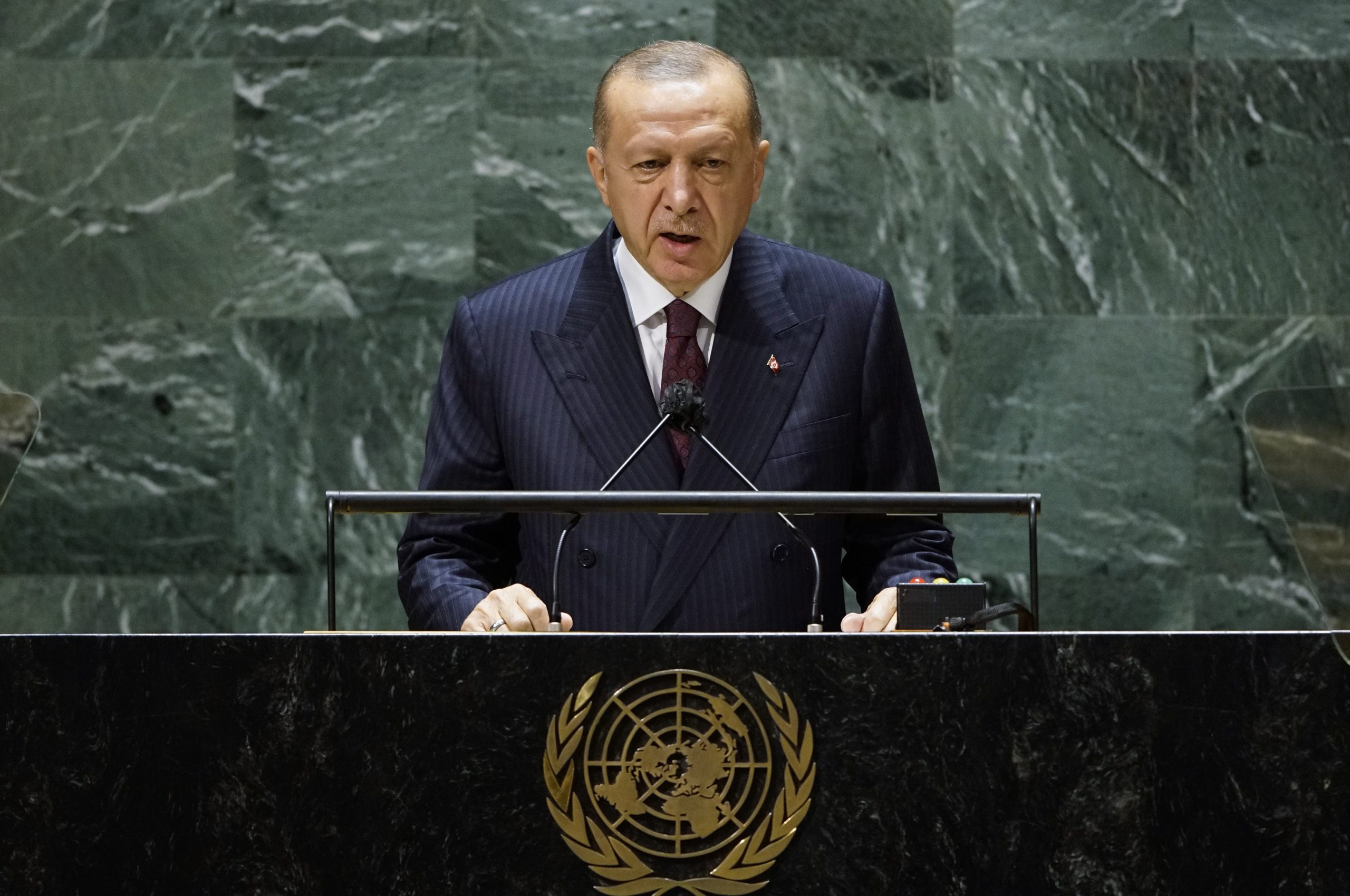 epa09480069 Turkish President Tayyip Erdogan addresses the 76th Session of the U.N. General Assembly in New York City, New York, USA, 21 September 2021.  EPA/EDUARDO MUNOZ / POOL