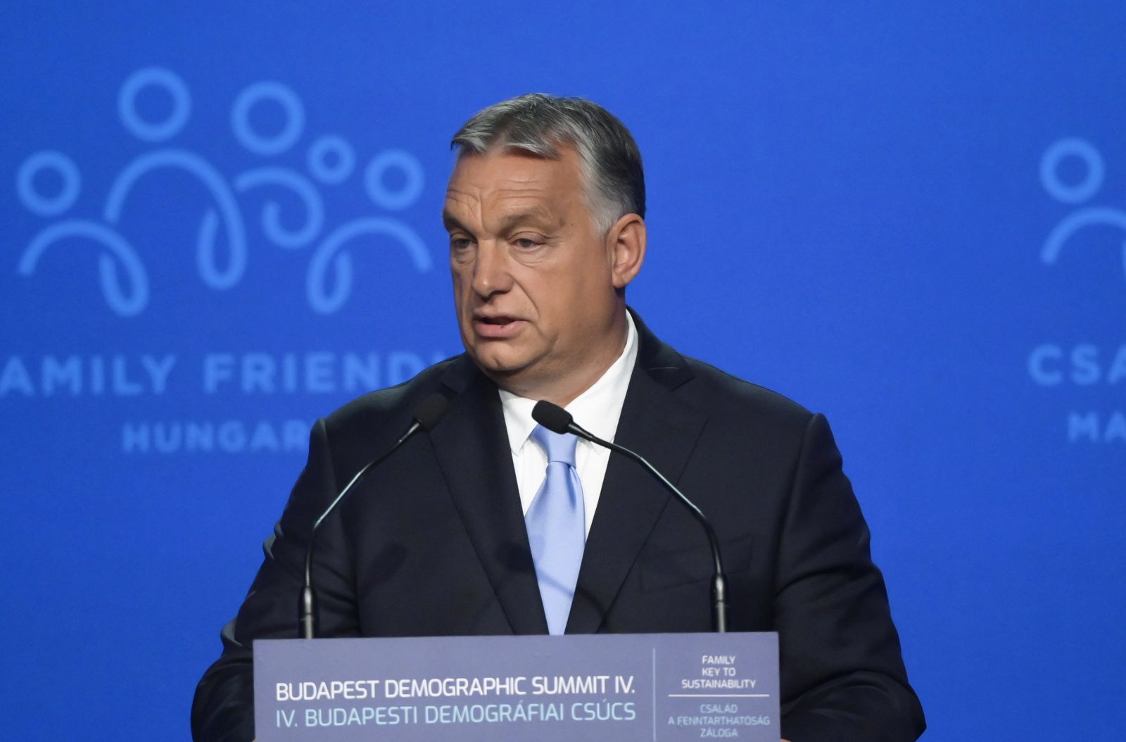 epa09483028 Hungarian Prime Minister Viktor Orban delivers a speech during the fourth Budapest Demographic Summit in Budapest, Hungary, 23 September 2021. The Budapest Demographic Summit, which was first organized in 2015, is a forum where politicians, church leaders, experts, representatives of the media, corporate sector and science, meet every two years. This year's summit, which runs on 23 and 24 September, is focusing on demography and sustainability.  EPA/SZILARD KOSZTICSAK HUNGARY OUT
