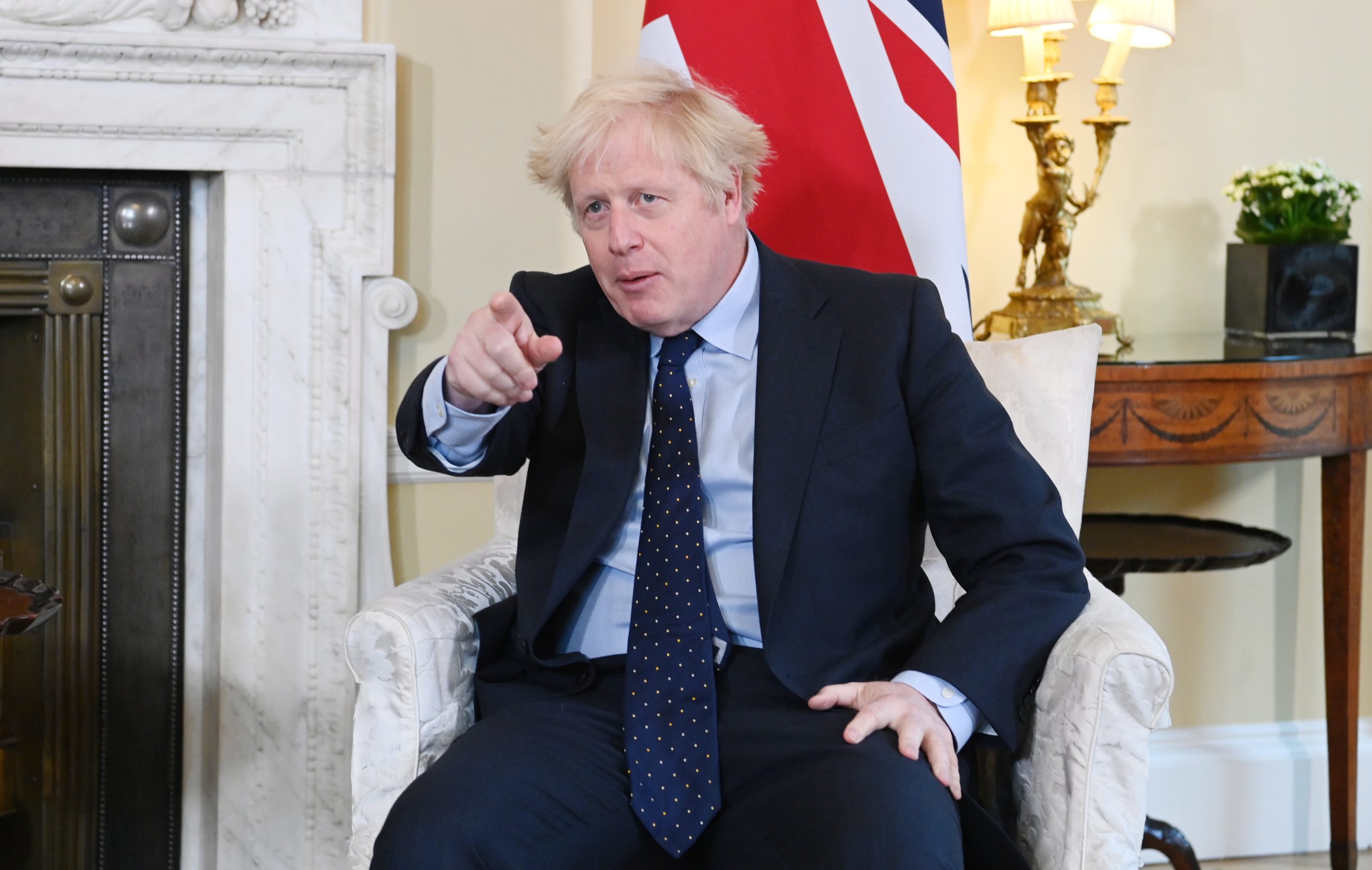 epa09497261 Britain's Prime Minister Boris Johnson meets Slovenian Prime Minister Janez Jansa (Not Pictured) at Downing Street in London, Britain, 30 September 2021.  EPA/FACUNDO ARRIZABALAGA/POOL