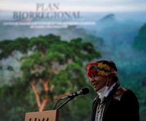 epa09499103 Gregorio Diaz Mirabal, coordinator of the coordinator of the Indigenous Organizations of the Amazon Basin (COICA), participates in the presentation of the '2030 Sacred Basin Bioregional Plan' in Lima, Peru, 30 September 2021. To protect some 35 million hectares of Amazon rainforest, an area equivalent to almost the entire extension of Germany, the main indigenous organizations of Ecuador and Peru launched their own alternative development plan on Thursday that contemplates leaving oil and gas underground.  EPA/Paolo Aguilar