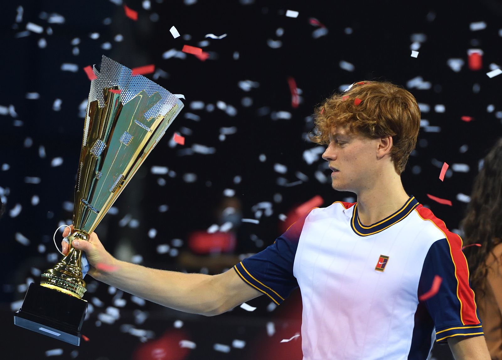 epa09503737 Jannik Sinner of Italy holds his trophy after winning the final match against Gael Monfils of France at the Sofia Open ATP 250 tennis tournament in Sofia, Bulgaria, 03 October 2021.  EPA/VASSIL DONEV