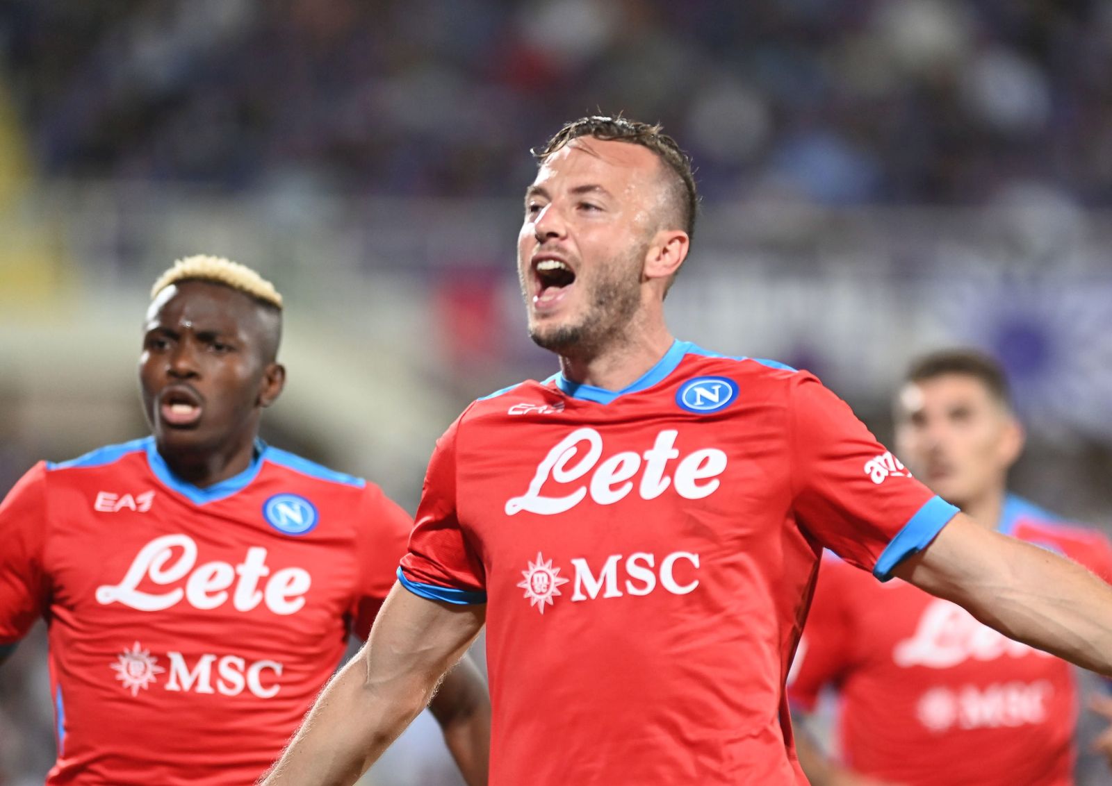 epa09504207 Napoli's defender Amir Rrahmani celebrates after scoring his team's second goal during the Italian Serie A soccer match between ACF Fiorentina and SSC Napoli at the Artemio Franchi stadium in Florence, Italy, 03 October 2021.  EPA/CLAUDIO GIOVANNINI