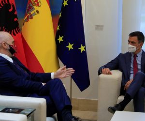 epa09505509 Spanish Prime Minister Pedro Sanchez (R) and Albanian Prime Minister Edi Rama (L) sit for a meeting at Moncloa Palace in Madrid, Spain, 04 October 2021.  EPA/Fernando Alvarado