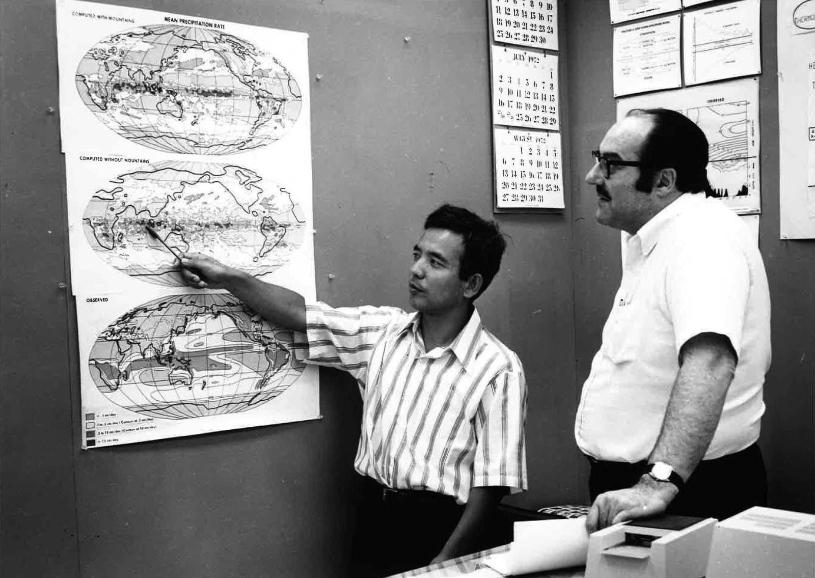 epa09507303 (FILE) - An undated handout photo Courtesy of Geophysical Fluid Dynamics Laboratory (GFDL) shows Japan-born US researcher and 2021 Nobel laureate in Physics, Syukuro Manabe (L) together with late US meteorologist Joseph Smagorinsky at an undisclosed location, issued 05 October 2021. Syukuro Manabe, Klaus Hasselmann and Giorgio Parisi were awarded with the 2021 Nobel Prize in Physics for their 'groundbreaking contributions to our understanding of complex physical systems', the Nobel Committee said.  EPA/Geophysical Fluid Dynamics Laboratory HANDOUT  HANDOUT EDITORIAL USE ONLY/NO SALES