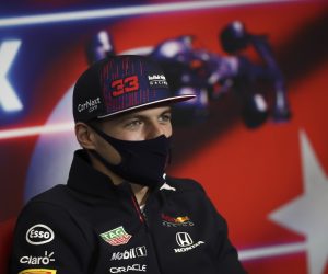 epa09510641 Dutch Formula One driver Max Verstappen of Red Bull Racing reacts during the press conference for the 2021 Formula One Grand Prix of Turkey at the Intercity Istanbul Park circuit in Istanbul, Turkey, 07 October 2021. The 2021 Formula One Grand Prix of Turkey will take place on 10 October.  EPA/Sedat Suna / POOL
