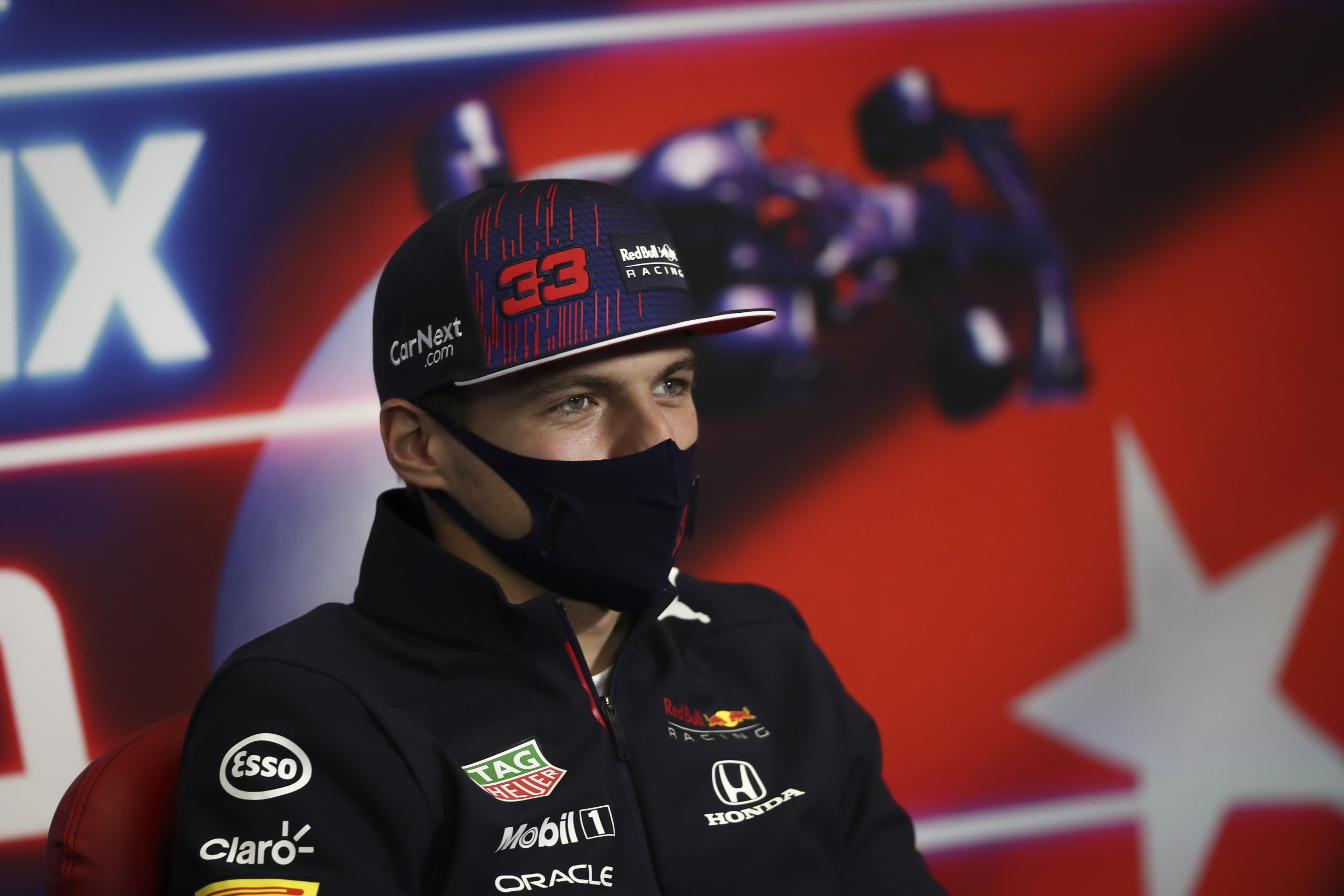 epa09510641 Dutch Formula One driver Max Verstappen of Red Bull Racing reacts during the press conference for the 2021 Formula One Grand Prix of Turkey at the Intercity Istanbul Park circuit in Istanbul, Turkey, 07 October 2021. The 2021 Formula One Grand Prix of Turkey will take place on 10 October.  EPA/Sedat Suna / POOL