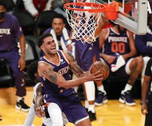 epa09517985 Phoenix Suns forward Abdel Nader goes to the basket during the fourth quarter of the pre-season NBA basketball game between at the Phoenix Suns and the Los Angeles Lakers at the Staples Center in Los Angeles, California, USA, 10 October 2021.  EPA/CAROLINE BREHMAN  SHUTTERSTOCK OUT