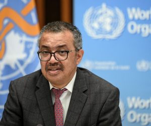 epa09529945 World Health Organization (WHO) Director-General Tedros Adhanom Ghebreyesus delivers a speech during the launch of a multiyear partnership with Qatar on making the FIFA Football World Cup 2022 and mega sporting events healthy and safe, at the WHO headquarters in Geneva, Switzerland,  18 October 2021.  EPA/FABRICE COFFRINI / POOL