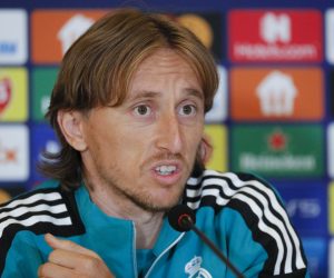 epa09530606 Real Madrid's Luka Modric speaks during a press conference in Kiev, Ukraine, 18 October 2021. Real Madrid will face Shakhtar Donetsk in their UEFA Champions League group D soccer match on 19 October 2021.  EPA/SERGEY DOLZHENKO
