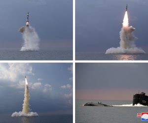 epa09533318 A combo photo released by the official North Korean Central News Agency (KCNA) shows the Academy of Defence Science of the DPRK test-firing a new type submarine-launched ballistic missile at an undisclosed location on 19 October 2021 (issued 20 October 2021). North Korea fired what appears to be a submarine-launched ballistic missile (SLBM) toward the East Sea, South Korea's military said on 19 October.  EPA/KCNA   EDITORIAL USE ONLY