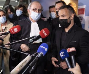 French former soccer international Mathieu Valbuena (R) leaves the courtroom on the opening day of a trial involving Real Madrid forward Karim Benzema charged with attempted blackmail of former teammate Valbuena in Versailles, outside Paris, France, 20 October 2021. The prosecution alleges that Benzema and his friend Zouaoui approached Valbuena to extort money using a leaked sex tape downloaded off his smartphone.