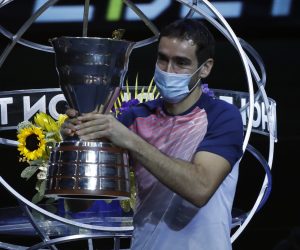 epa09556286 Marin Cilic of Croatia celebrates with his trophy after winning the final match against Taylor Fritz of the USA at the St.Petersburg Open ATP tennis tournament in St.Petersburg, Russia, 31 October 2021.  EPA/ANATOLY MALTSEV