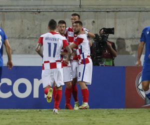 Soccer Football - World Cup - UEFA Qualifiers - Group H - Cyprus v Croatia - AEK Arena - George Karapatakis, Larnaca, Cyprus - October 8, 2021 Croatia's Andrej Kramaric celebrates scoring their first goal with teammates before being disallowed by a VAR review REUTERS/Yiannis Kourtoglou