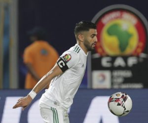Algeria's Riyad Mahrez controls the ball during the African Cup of Nations group C soccer match between Algeria and Kenya at 30 June Stadium in Cairo, Egypt, Sunday, June 23, 2019. (AP Photo/Hassan Ammar)