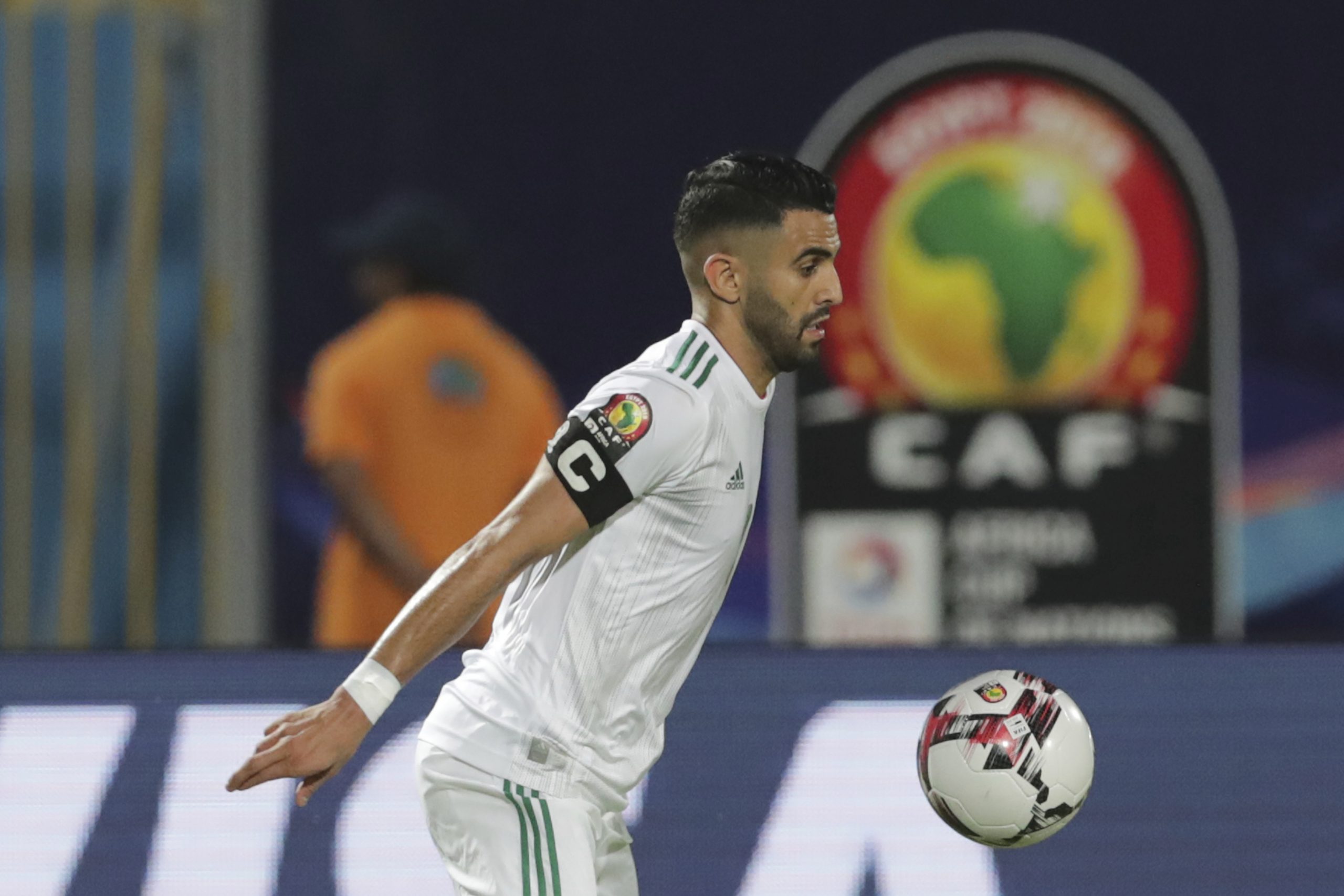 Algeria's Riyad Mahrez controls the ball during the African Cup of Nations group C soccer match between Algeria and Kenya at 30 June Stadium in Cairo, Egypt, Sunday, June 23, 2019. (AP Photo/Hassan Ammar)
