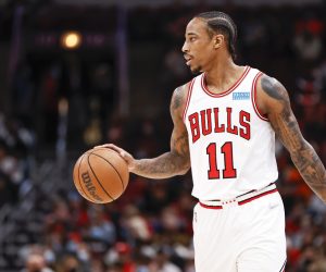 Nov 6, 2021; Chicago, Illinois, USA; Chicago Bulls forward DeMar DeRozan (11) brings the ball up court against the Philadelphia 76ers during the first half at United Center. Mandatory Credit: Kamil Krzaczynski-USA TODAY Sports