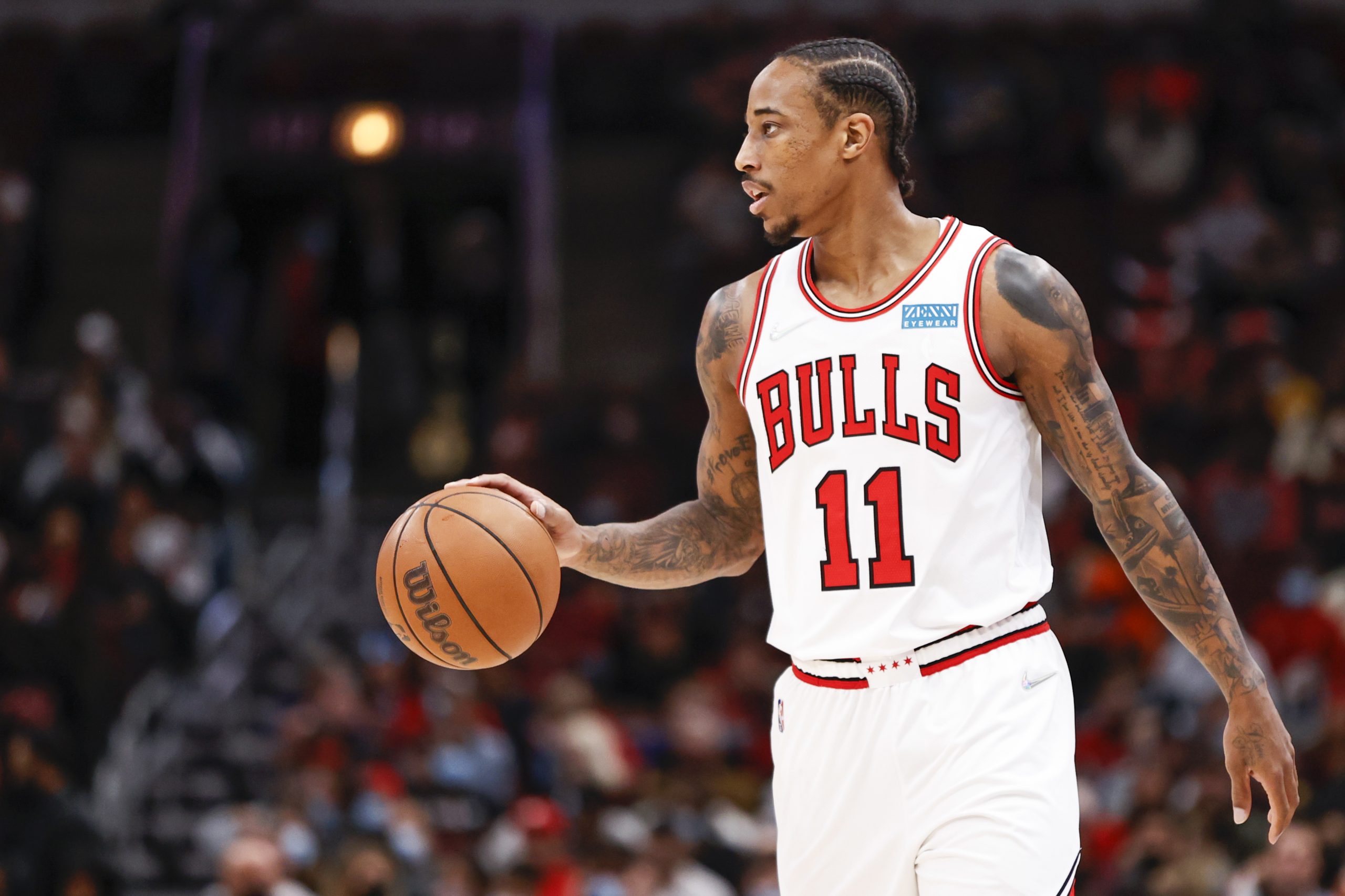 Nov 6, 2021; Chicago, Illinois, USA; Chicago Bulls forward DeMar DeRozan (11) brings the ball up court against the Philadelphia 76ers during the first half at United Center. Mandatory Credit: Kamil Krzaczynski-USA TODAY Sports