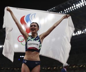 LASITSKENE Mariya of ROC (Russian Olympic Committee) reacts after winning Athletics women's high jump in Tokyo Olympic Games at Olympic Stadium in Tokyo on August 7, 2021. LASITSKENE Mariya won the event to claim gold medal. ( The Yomiuri Shimbun via AP Images )