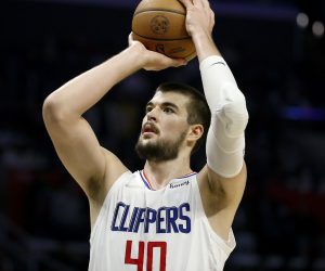 Los Angeles Clippers center Ivica Zubac (40) shoots free throw against the Charlotte Hornets during the second half of an NBA basketball game Sunday, Nov. 7, 2021, in Los Angeles. The Clippers won 120-106. (AP Photo/Ringo H.W. Chiu)