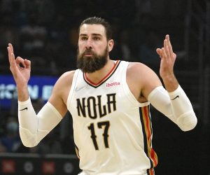 New Orleans Pelicans center Jonas Valanciunas celebrates after scoring during the first half of an NBA basketball game against the Los Angeles Clippers Monday, Nov. 29, 2021, in Los Angeles. (AP Photo/Mark J. Terrill)