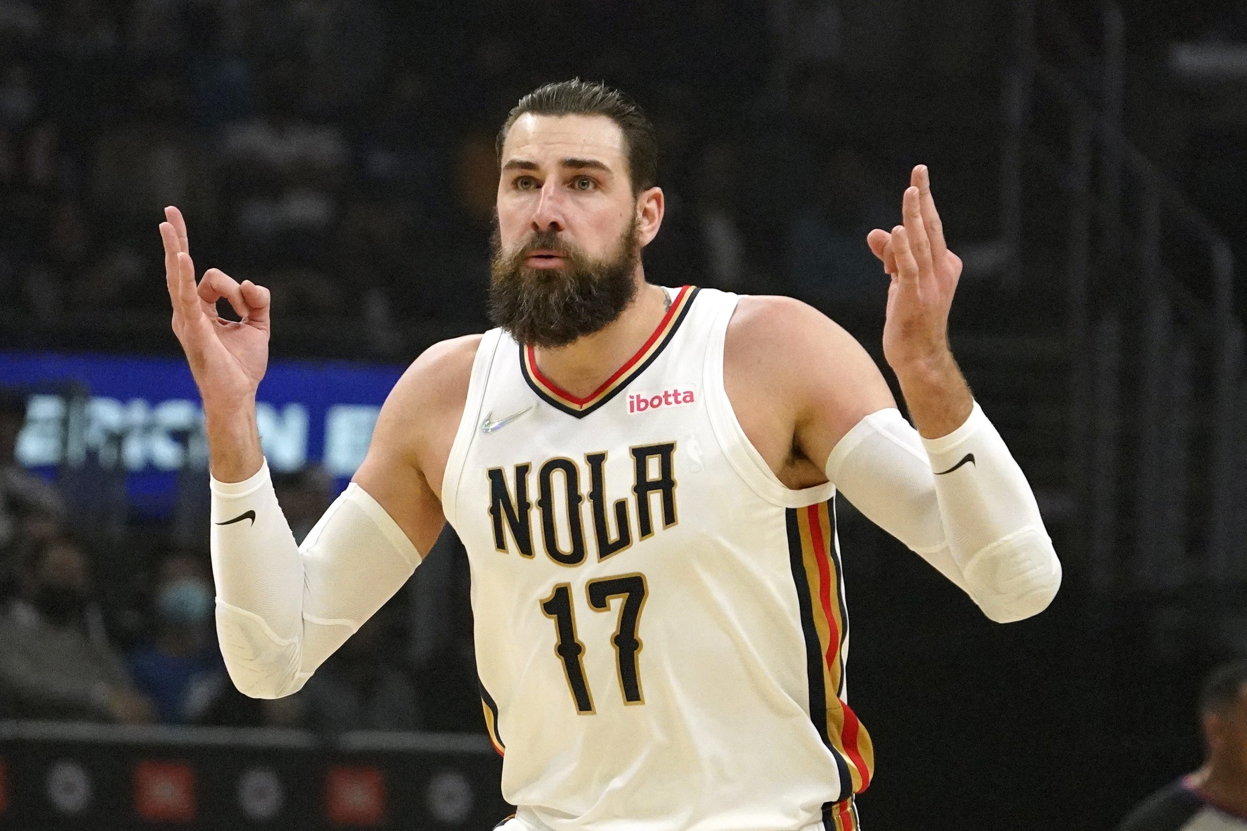 New Orleans Pelicans center Jonas Valanciunas celebrates after scoring during the first half of an NBA basketball game against the Los Angeles Clippers Monday, Nov. 29, 2021, in Los Angeles. (AP Photo/Mark J. Terrill)