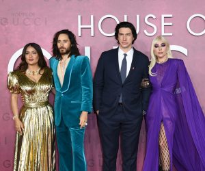 LONDON, ENGLAND - NOVEMBER 09:  (L-R) Salma Hayek, Jared Leto, Adam Driver and Lady Gaga attend the UK Premiere Of "House of Gucci" at Odeon Luxe Leicester Square on November 09, 2021 in London, England. (Photo by Gareth Cattermole/Getty Images for Metro-Goldwyn-Mayer Studios and Universal Pictures )