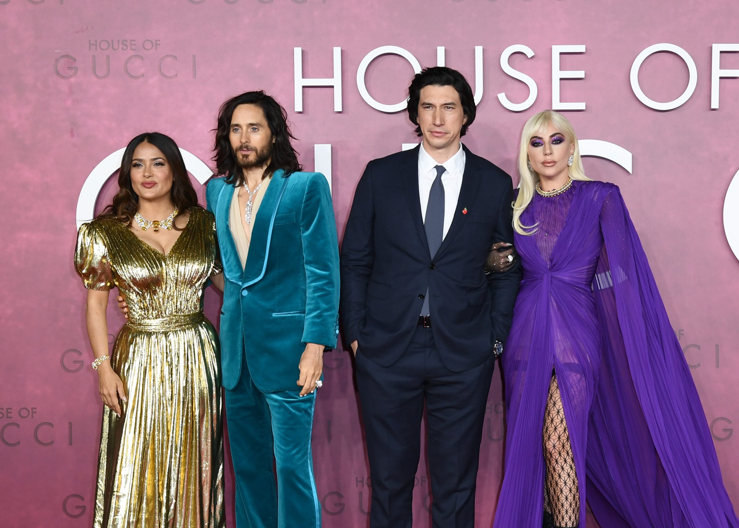 LONDON, ENGLAND - NOVEMBER 09:  (L-R) Salma Hayek, Jared Leto, Adam Driver and Lady Gaga attend the UK Premiere Of "House of Gucci" at Odeon Luxe Leicester Square on November 09, 2021 in London, England. (Photo by Gareth Cattermole/Getty Images for Metro-Goldwyn-Mayer Studios and Universal Pictures )