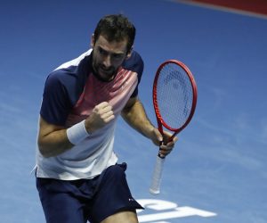 epa09556009 Marin Cilic of Croatia reacts during his final match against Taylor Fritz of the USA at the St.Petersburg Open ATP tennis tournament in St.Petersburg, Russia, 31 October 2021.  EPA/ANATOLY MALTSEV