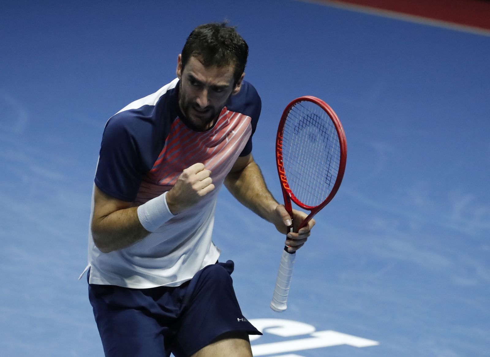 epa09556009 Marin Cilic of Croatia reacts during his final match against Taylor Fritz of the USA at the St.Petersburg Open ATP tennis tournament in St.Petersburg, Russia, 31 October 2021.  EPA/ANATOLY MALTSEV