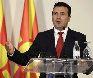 epa09556677 (FILE) North Macedonian Prime Minister Zoran Zaev (R) gestures during the press conference after the Serbia, North Macedonia and Albania high level trilateral meeting in Novi Sad, Serbia, 10 October 2019 (reissued 31 October 2021). North Macedonian Prime Minister Zoran Zaev on 31 October 2021 announced his resignation as a Prime Minister and from the leader of SDSM Party, after his party lost in the second round of local elections.  EPA/ANDREJ CUKIC *** Local Caption *** 55536619