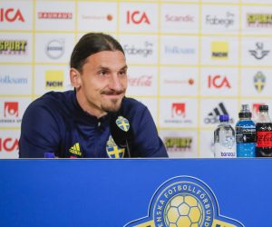 epa09571598 Swedish national soccer players Zlatan Ibrahimovic (L) and Dejan Kulusevski attend a press conference at Friends Arena in Stockholm, Sweden, 08 November 2021. Sweden will face Georgia in their FIFA World Cup qualifying soccer match on 11 November 2021.  EPA/Christine Olsson/TT SWEDEN OUT