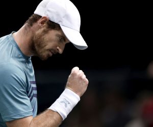 epa09558160 Andy Murray of Britain reacts during his first round match against Dominik Koepfer of Germany at the Rolex Paris Masters tennis tournament in Paris, France, 01 November 2021.  EPA/YOAN VALAT