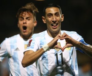epa09579652 Angel di Maria of Argentina celebrates after scoring during the South American qualifying match for 2022 Qatar World Cup between Uruguay and Argentina at Campeon del Siglo stadium in Montevideo, Uruguay, 12 November 2021.  EPA/ERNSTO RYAN / POOL