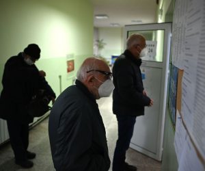 epa09581076 People wait to vote in a polling station during the general election in Sofia, Bulgaria, 14 November 2021. The election is the country's third parliamentary election in 2021.  EPA/VASSIL DONEV