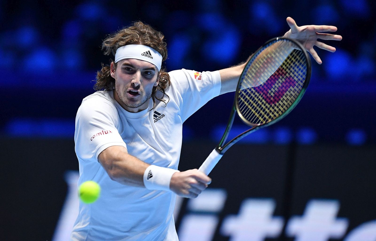 epa09584144 Stefanos Tsitsipas of Greece in action against Andrej Rublev of Russia during their group stage match of the Nitto ATP Finals tennis tournament in Turin, Italy, 15 November 2021.  EPA/Alessandro Di Marco