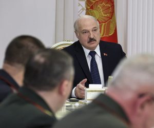 epa09585599 A handout photo made available by Belarus President Press service shows Belarusian President Aleksandr Lukashenko speaks during meeting to discuss situation at Belarus' state border in Minsk, Belarus, 16 November 2021. Asylum-seekers, refugees and migrants from the Middle East clashed with Polish Police forces at Belarusian-Polish checkpoint of Bruzgi-Kuznica trying to forcly enter into Polish territory. Thousands people who want to obtain asylum in the European Union have been trapped at low temperatures at the border since 08 November.  EPA/BELARUS PRESIDENT PRESS SERVICE / HANDOUT  HANDOUT EDITORIAL USE ONLY/NO SALES