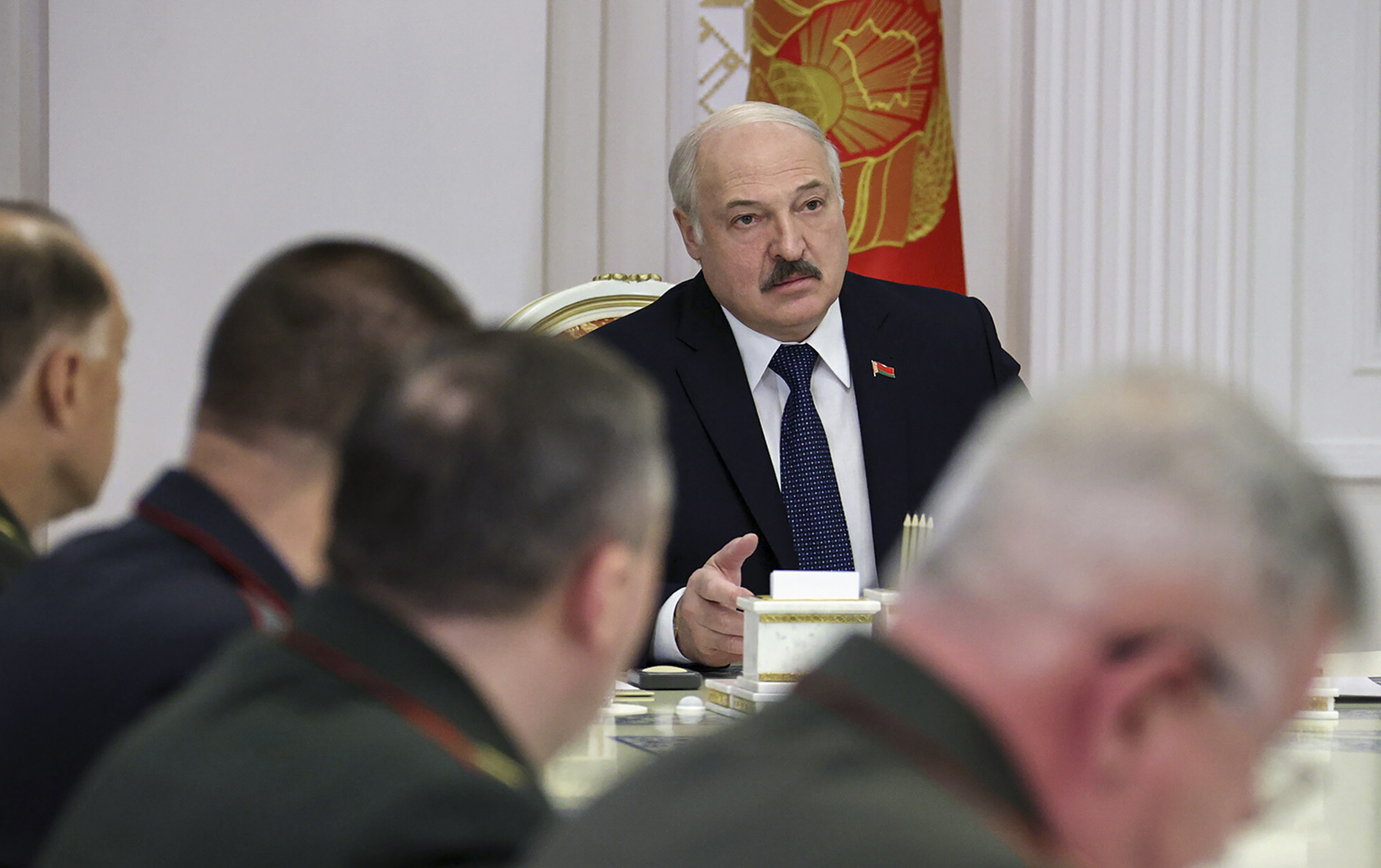epa09585599 A handout photo made available by Belarus President Press service shows Belarusian President Aleksandr Lukashenko speaks during meeting to discuss situation at Belarus' state border in Minsk, Belarus, 16 November 2021. Asylum-seekers, refugees and migrants from the Middle East clashed with Polish Police forces at Belarusian-Polish checkpoint of Bruzgi-Kuznica trying to forcly enter into Polish territory. Thousands people who want to obtain asylum in the European Union have been trapped at low temperatures at the border since 08 November.  EPA/BELARUS PRESIDENT PRESS SERVICE / HANDOUT  HANDOUT EDITORIAL USE ONLY/NO SALES