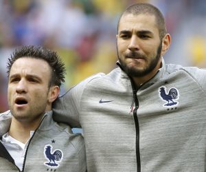 epa09600573 (FILE) - French players Mathieu Valbuena (L) and Karim Benzema prior to the FIFA World Cup 2014 round of 16 match between France and Nigeria at the Estadio Nacional in Brasilia, Brazil, 30 June 2014 (re-issued on 24 November 2021). On 24 November 2021 Benzema has been found guilty of conspiring to blackmail French forrmer teammate Mathieu Valbuena. Benzema was given one year suspended sentence and 75.000 euro fine.  EPA/JORGE ZAPATA   EDITORIAL USE ONLY  EDITORIAL USE ONLY *** Local Caption *** 52455256