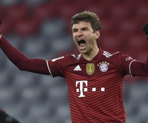 Bayern's Thomas Mueller celebrates after scoring his sides first goal during a German Bundesliga soccer match between Bayern Munich and VfL Wolfsburg at the Allianz Arena in Munich, Germany, Friday, Dec. 17, 2021. (AP Photo/Andreas Schaad)