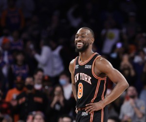 New York Knicks guard Kemba Walker (8) reacts against the Atlanta Hawks during the second half of an NBA basketball game Saturday, Dec. 25, 2021, in New York. The Knicks won 101-87. (AP Photo/Adam Hunger)