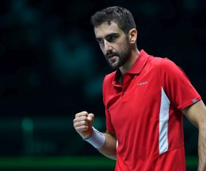 epa09611616 Marin Cilic of Croatia reacts during the match against  Jannik Sinner of Italy at the Davis Cup in Turin, Italy, 29 November 2021.  EPA/Alessandro Di Marco