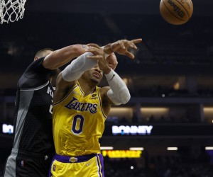 epa09613959 Los Angeles Lakers guard Russell Westbrook (R) AND Sacramento Kings center Alex Len (L) in action during the first half of their NBA game at the Golden 1 Center in Sacramento, California, USA, 30 November 2021.  EPA/JOHN G. MABANGLO  SHUTTERSTOCK OUT