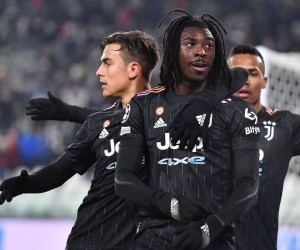 epa09630045 Juventus’ Moise Kean (C) celebrates after scoring the 1-0 gol during the UEFA Champions League group H soccer match Juventus FC vs Malmo at the Allianz Stadium in Turin, Italy, 08 december 2021.  EPA/ALESSANDRO DI MARCO