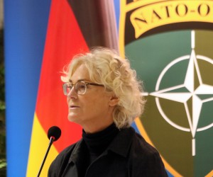 epa09649803 German Defence Minister Christine Lambrecht attends a press conference after her meeting with Lithuanian Defence Minister Arvydas Anusauskas (not seen) in Rukla, Lithuania, 19 December 2021. The ministers discussed the regional security situation, as well as Lithuania and Germany bilateral ties. German Defence Minister Christine Lambrecht also visited German troops stationed at the Lithuanian military base in Rukla as Germany leads the multi-national battalion in Lithuania.  EPA/STRINGER
