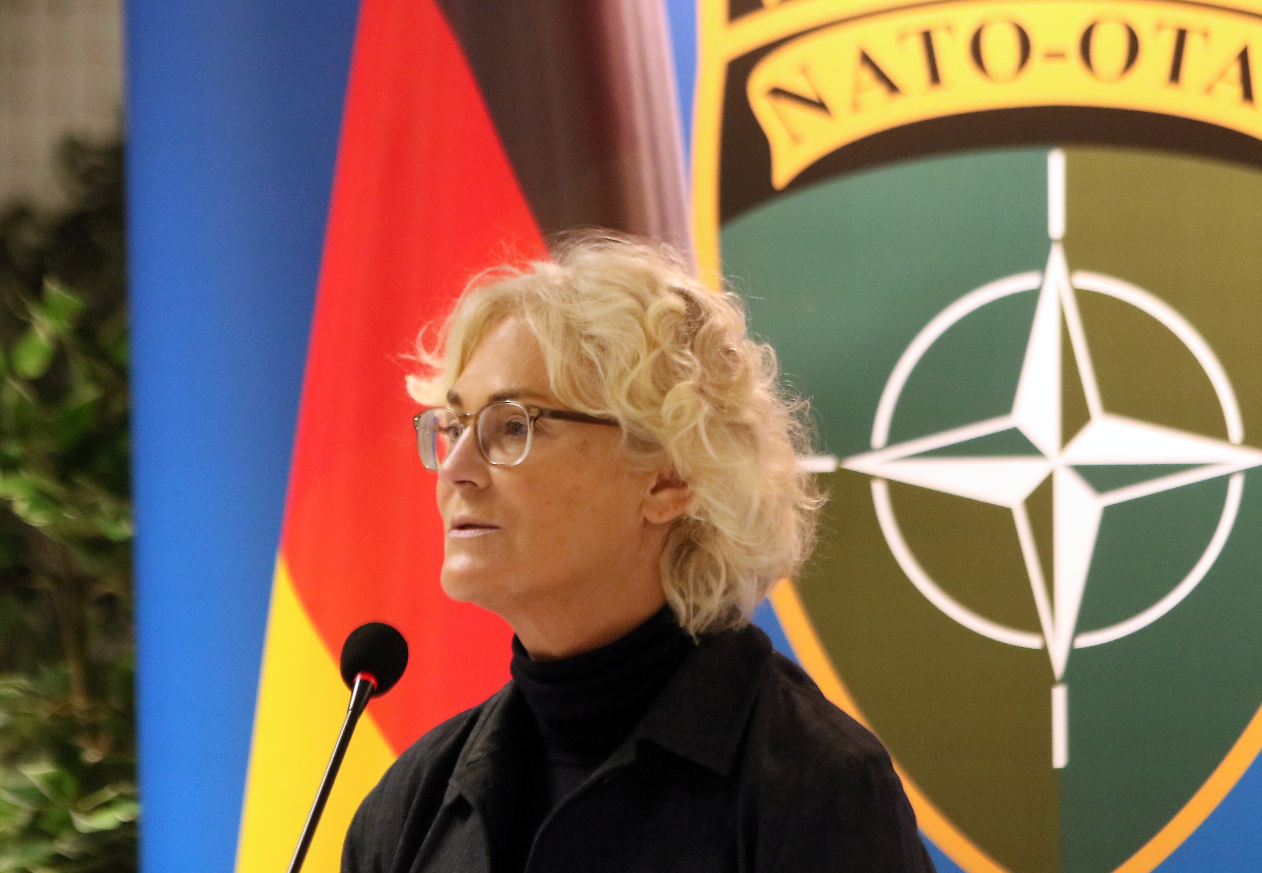 epa09649803 German Defence Minister Christine Lambrecht attends a press conference after her meeting with Lithuanian Defence Minister Arvydas Anusauskas (not seen) in Rukla, Lithuania, 19 December 2021. The ministers discussed the regional security situation, as well as Lithuania and Germany bilateral ties. German Defence Minister Christine Lambrecht also visited German troops stationed at the Lithuanian military base in Rukla as Germany leads the multi-national battalion in Lithuania.  EPA/STRINGER