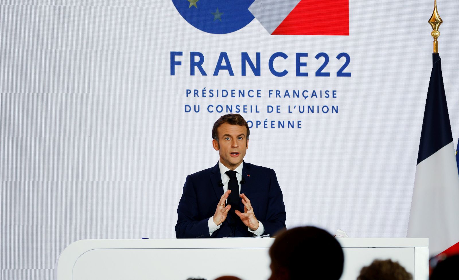 epa09631920 French President Emmanuel Macron delivers a speech during a press conference on France assuming EU presidency, in Paris, France, 09 December 2021. France is set to assume the Presidency of the Council of the European Union starting January 2022.  EPA/LUDOVIC MARIN / POOL  MAXPPP OUT